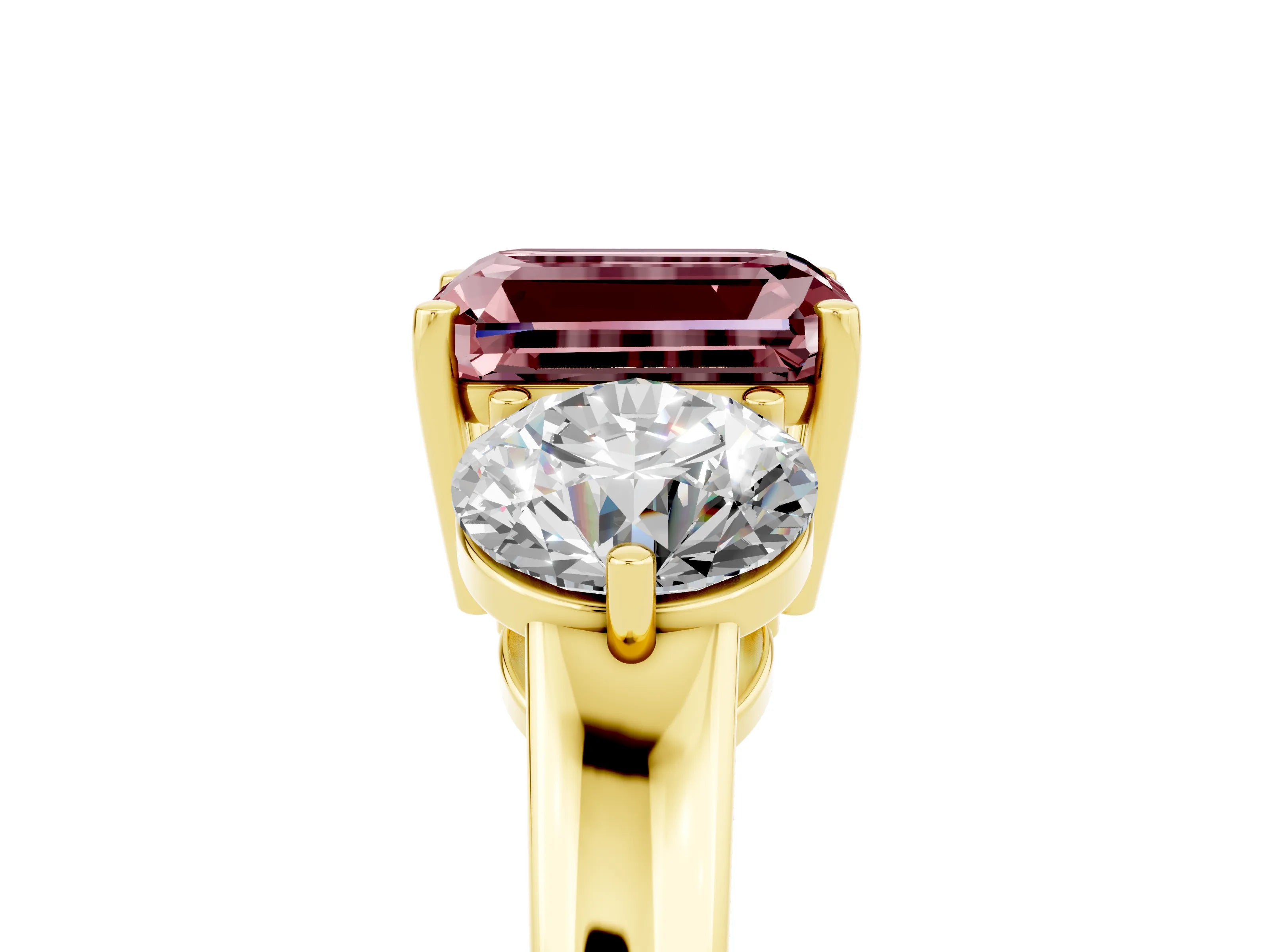 Yellow gold Emerald Cut Morganite Three-Stone Ring with Prong Setting and Classic Band_5