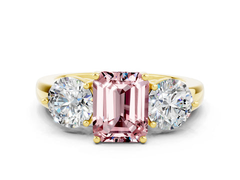 Yellow gold Emerald Cut Morganite Three-Stone Ring with Prong Setting and Classic Band