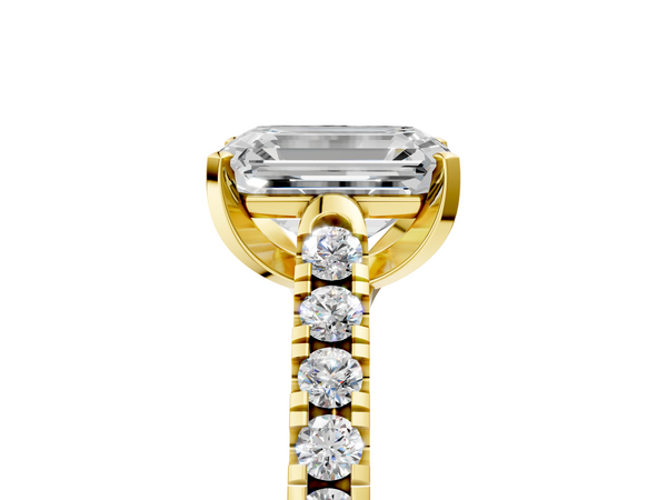 18K Yellow Gold 2.59 Carat F VS1 Emerald Diamond Pavé Band Solitaire Ring with Prong Setting