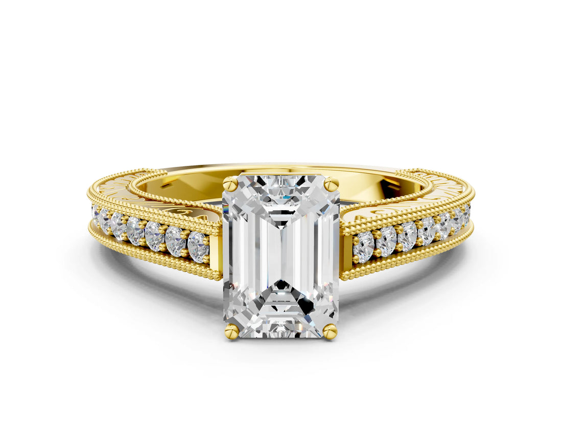 Yellow gold Emerald Cut Pave Band Milgrain Solitaire Ring_6