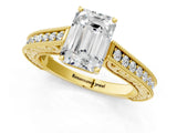 Yellow gold Emerald Cut Pave Band Milgrain Solitaire Ring_7