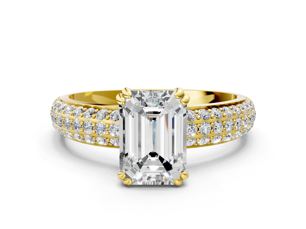 Yellow gold Emerald Cut Pave Diamond Engagement Ring with Channel Set Band and Four-Prong Setting