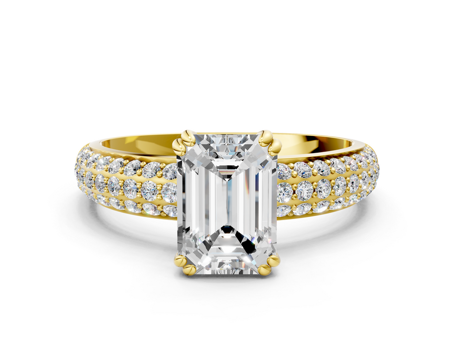 Yellow gold Emerald Cut Pave Diamond Engagement Ring with Channel Set Band and Four-Prong Setting