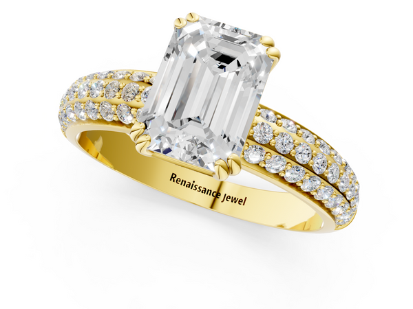 Yellow gold Emerald Cut Pave Diamond Engagement Ring with Channel Set Band and Four-Prong Setting