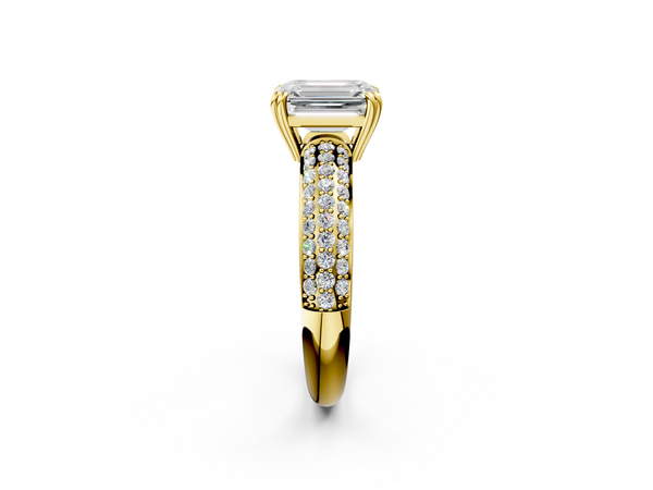 Yellow gold Emerald Cut Pave Diamond Engagement Ring with Channel Set Band and Four-Prong Setting