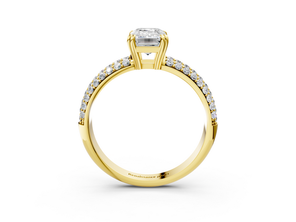Yellow gold Emerald Cut Pave Diamond Engagement Ring with Channel Set Band and Four-Prong Setting
