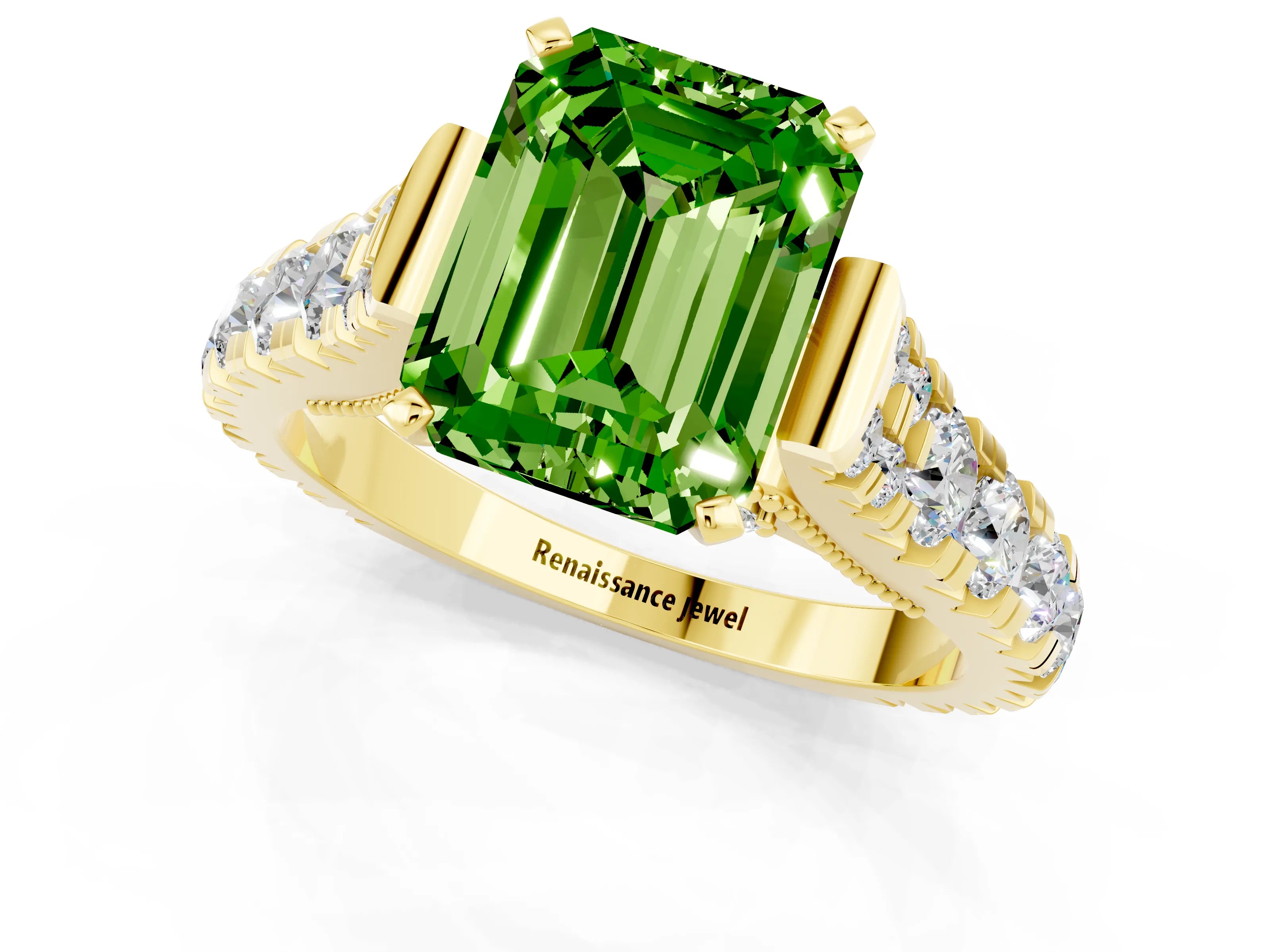 Yellow gold Emerald Cut Peridot Classic Solitaire Ring with Pavé Band and Four-Prong Setting_1