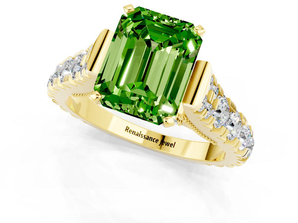 Yellow gold Emerald Cut Peridot Classic Solitaire Ring with Pavé Band and Four-Prong Setting