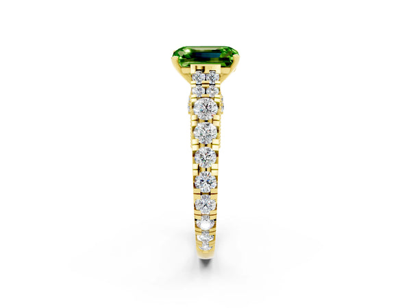 Yellow gold Emerald Cut Peridot Classic Solitaire Ring with Pavé Band and Four-Prong Setting