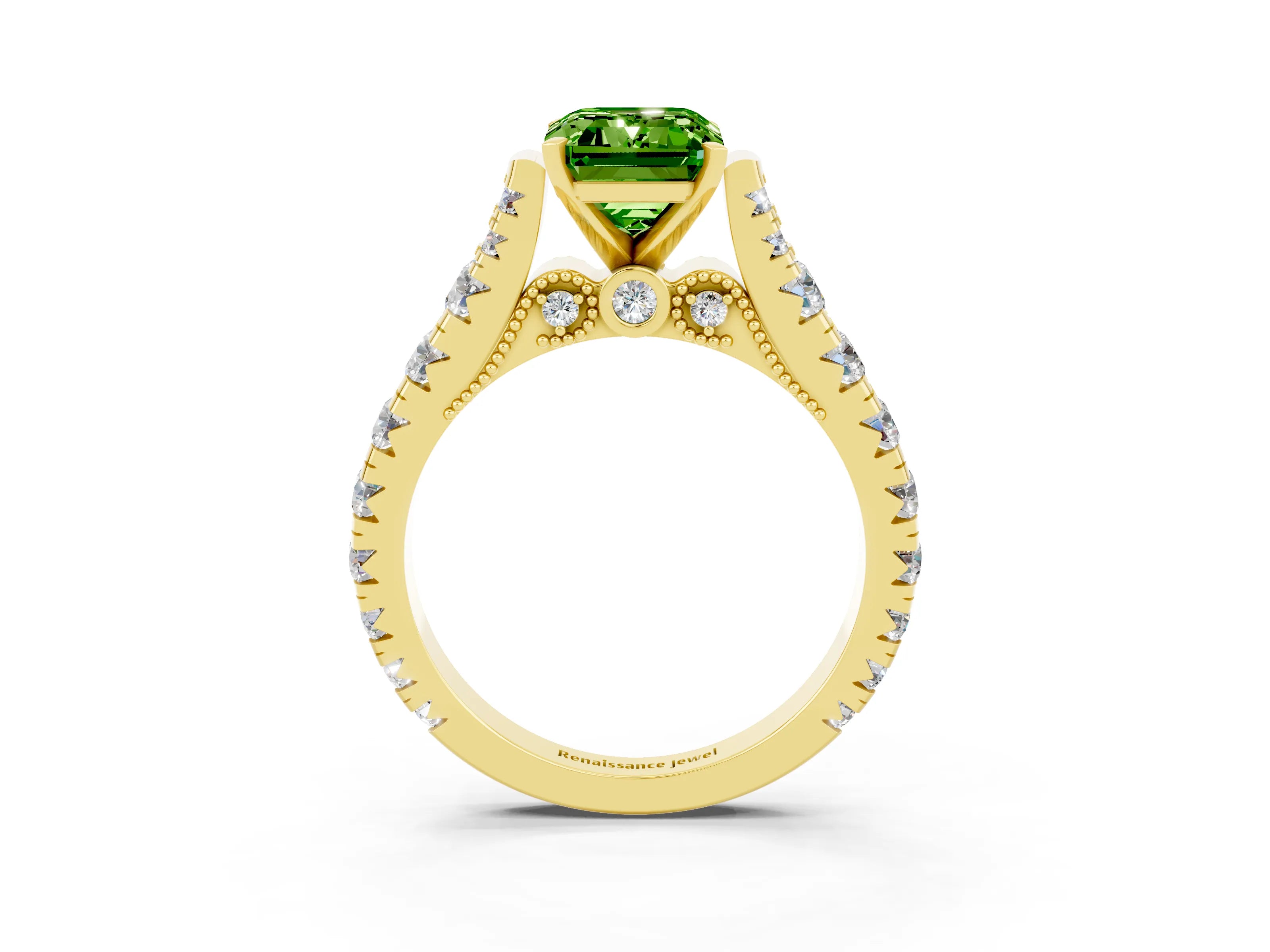 Yellow gold Emerald Cut Peridot Classic Solitaire Ring with Pavé Band and Four-Prong Setting_3