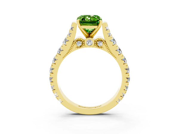 Yellow gold Emerald Cut Peridot Classic Solitaire Ring with Pavé Band and Four-Prong Setting