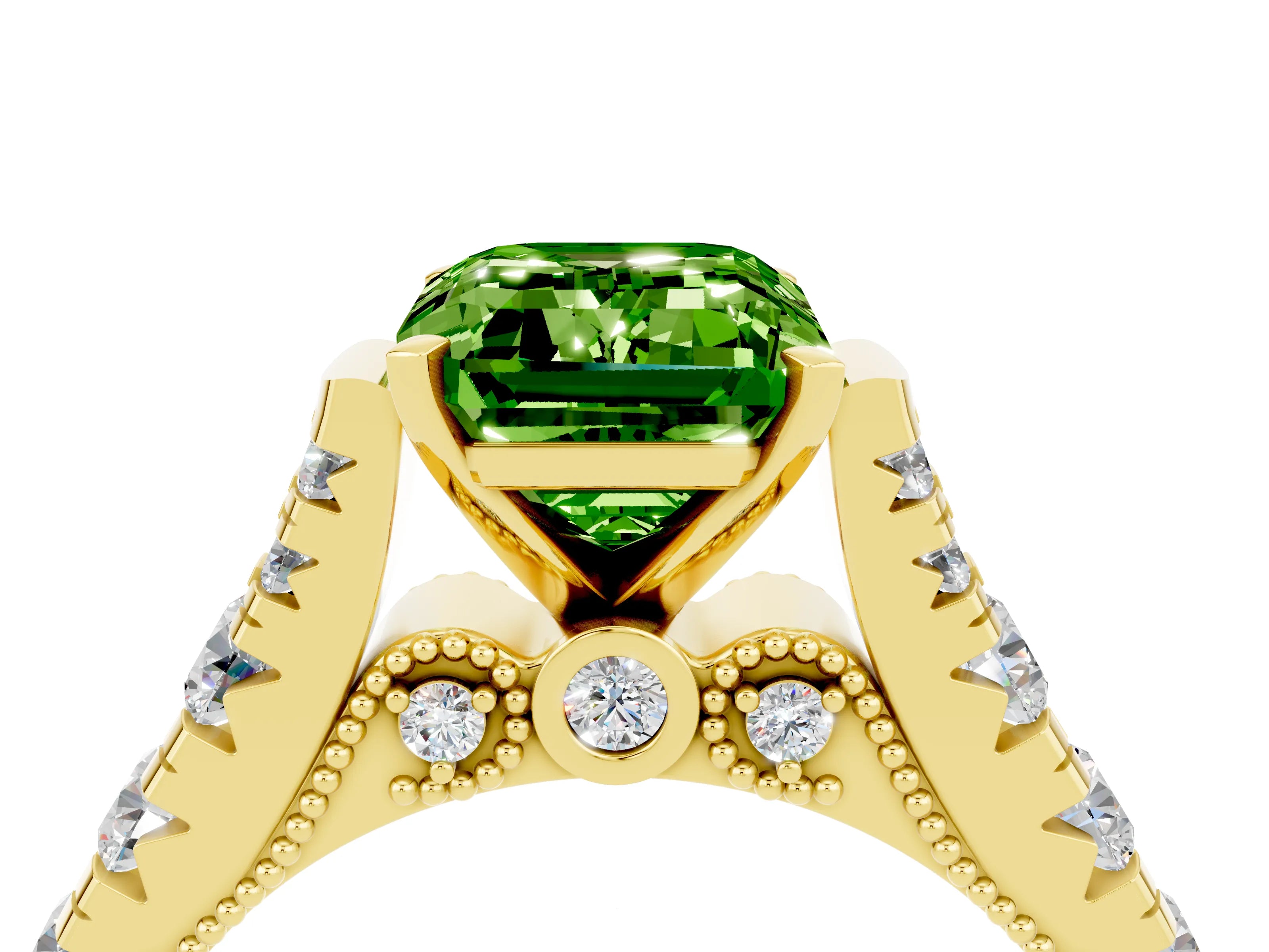 Yellow gold Emerald Cut Peridot Classic Solitaire Ring with Pavé Band and Four-Prong Setting_4