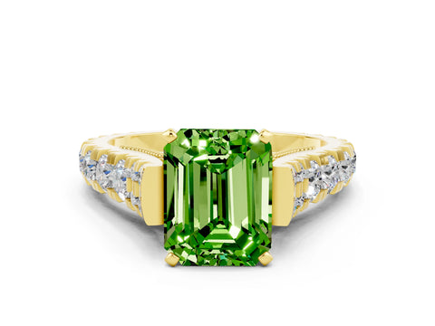 Yellow gold Emerald Cut Peridot Classic Solitaire Ring with Pavé Band and Four-Prong Setting