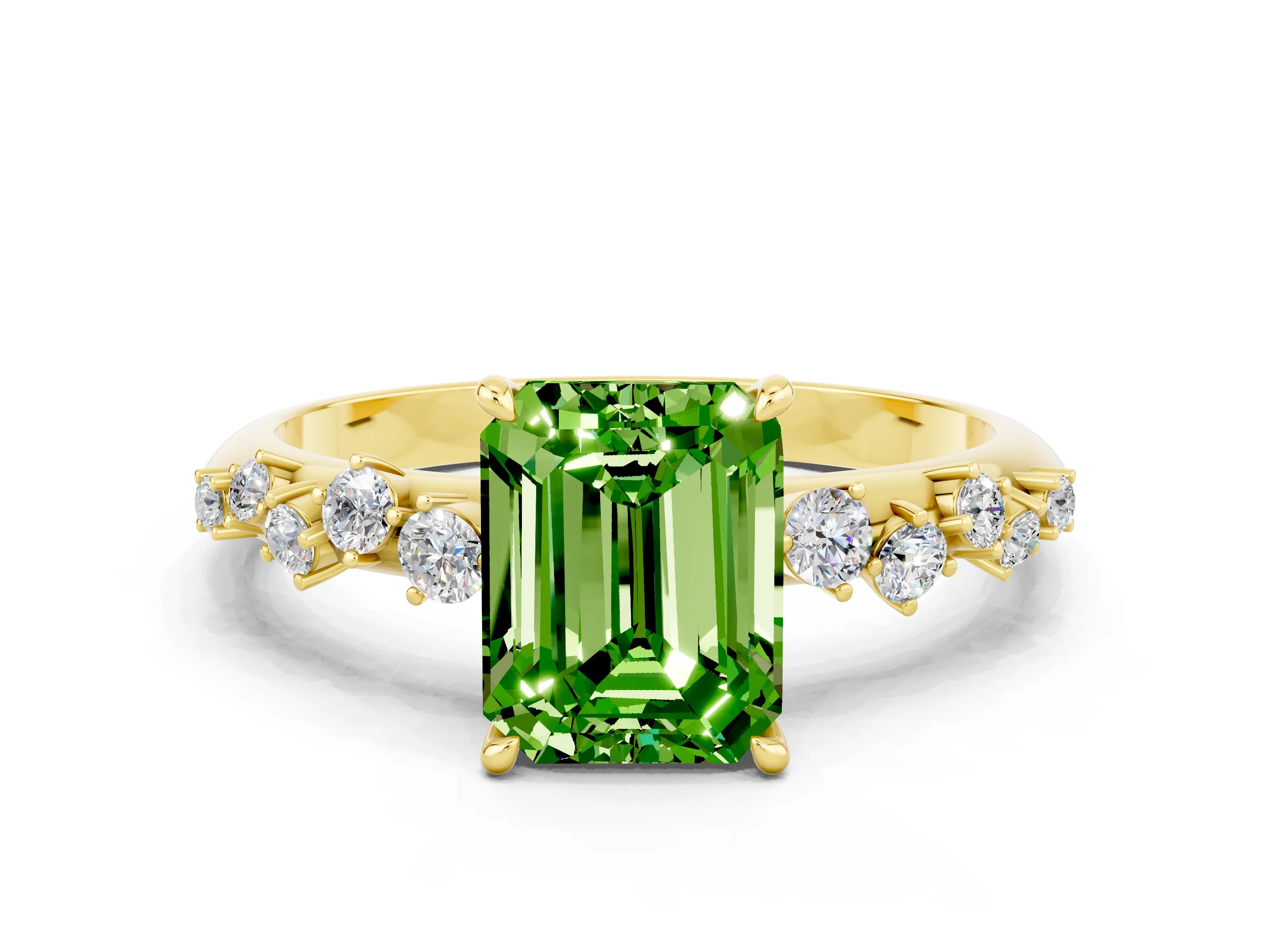 Yellow gold Emerald Cut Peridot Cluster Side Stone Solitaire Ring with Prong Setting_24