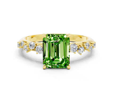 Yellow gold Emerald Cut Peridot Cluster Side Stone Solitaire Ring with Prong Setting_24