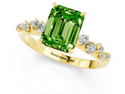 Yellow gold Emerald Cut Peridot Cluster Side Stone Solitaire Ring with Prong Setting_25
