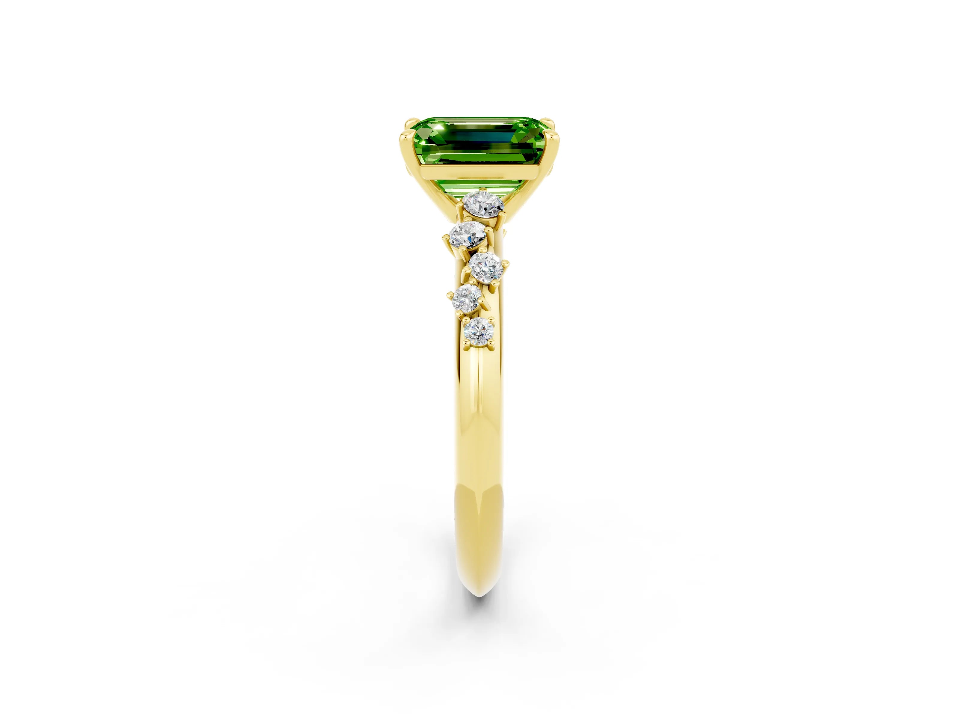 Yellow gold Emerald Cut Peridot Cluster Side Stone Solitaire Ring with Prong Setting_26