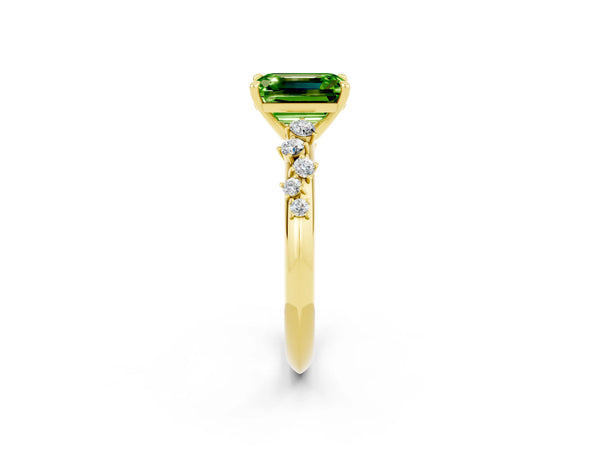 Yellow gold Emerald Cut Peridot Cluster Side Stone Solitaire Ring with Prong Setting