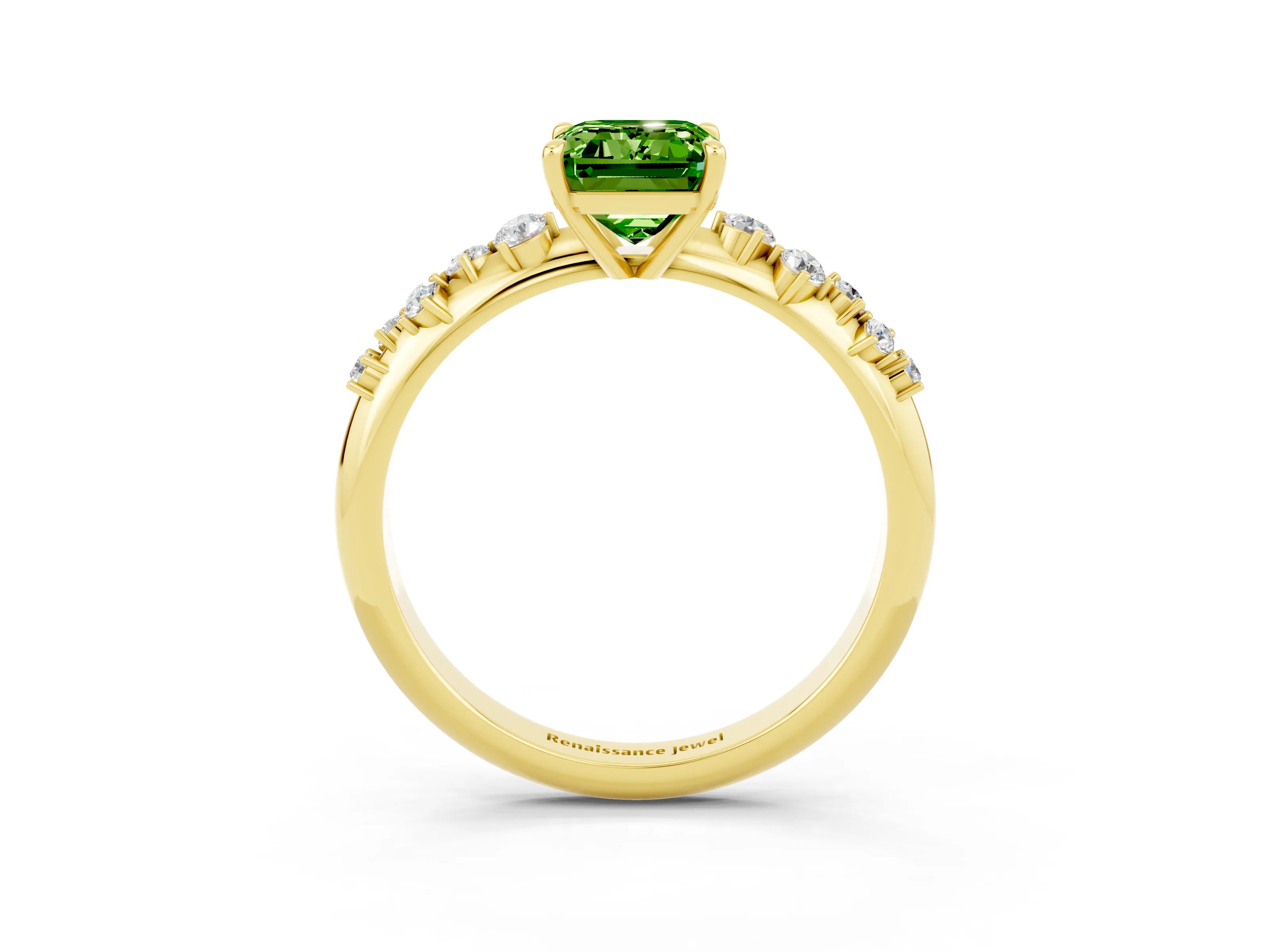 Yellow gold Emerald Cut Peridot Cluster Side Stone Solitaire Ring with Prong Setting_27
