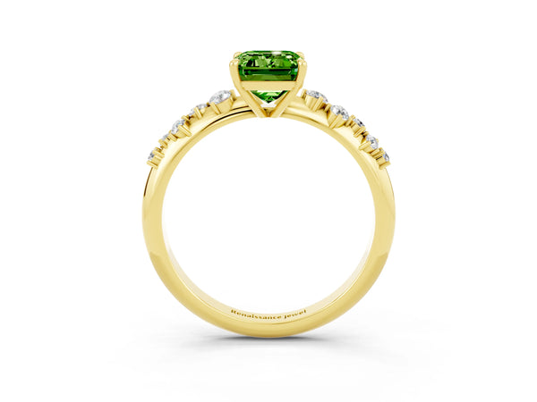 Yellow gold Emerald Cut Peridot Cluster Side Stone Solitaire Ring with Prong Setting