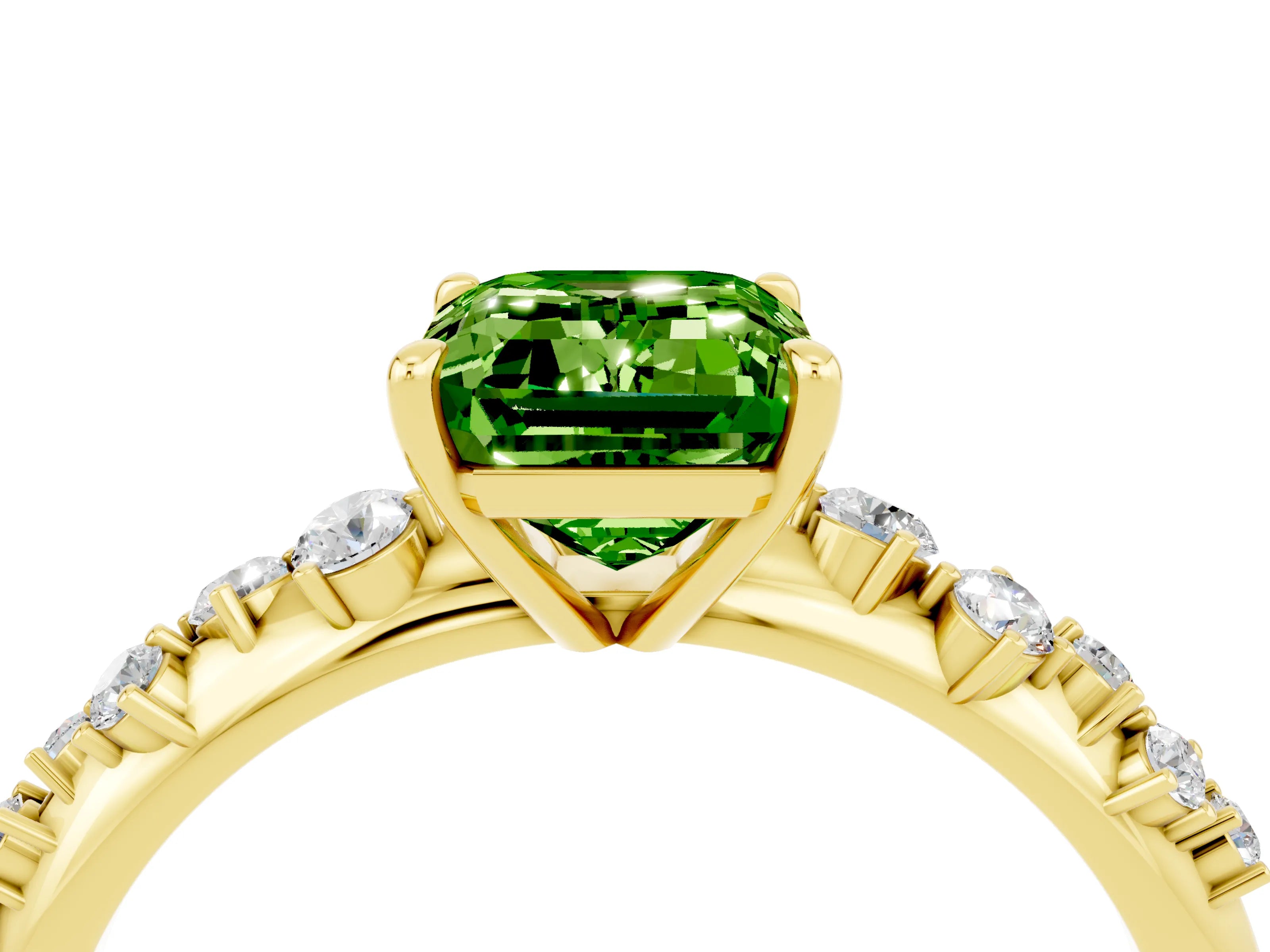Yellow gold Emerald Cut Peridot Cluster Side Stone Solitaire Ring with Prong Setting_28