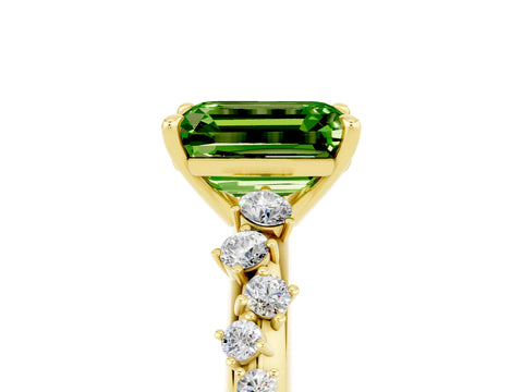 Yellow gold Emerald Cut Peridot Cluster Side Stone Solitaire Ring with Prong Setting_29
