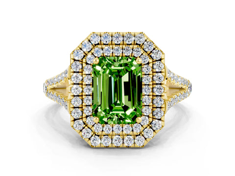 Yellow gold Emerald Cut Peridot Double Halo Ring with Pavé Band and Prong Setting_12