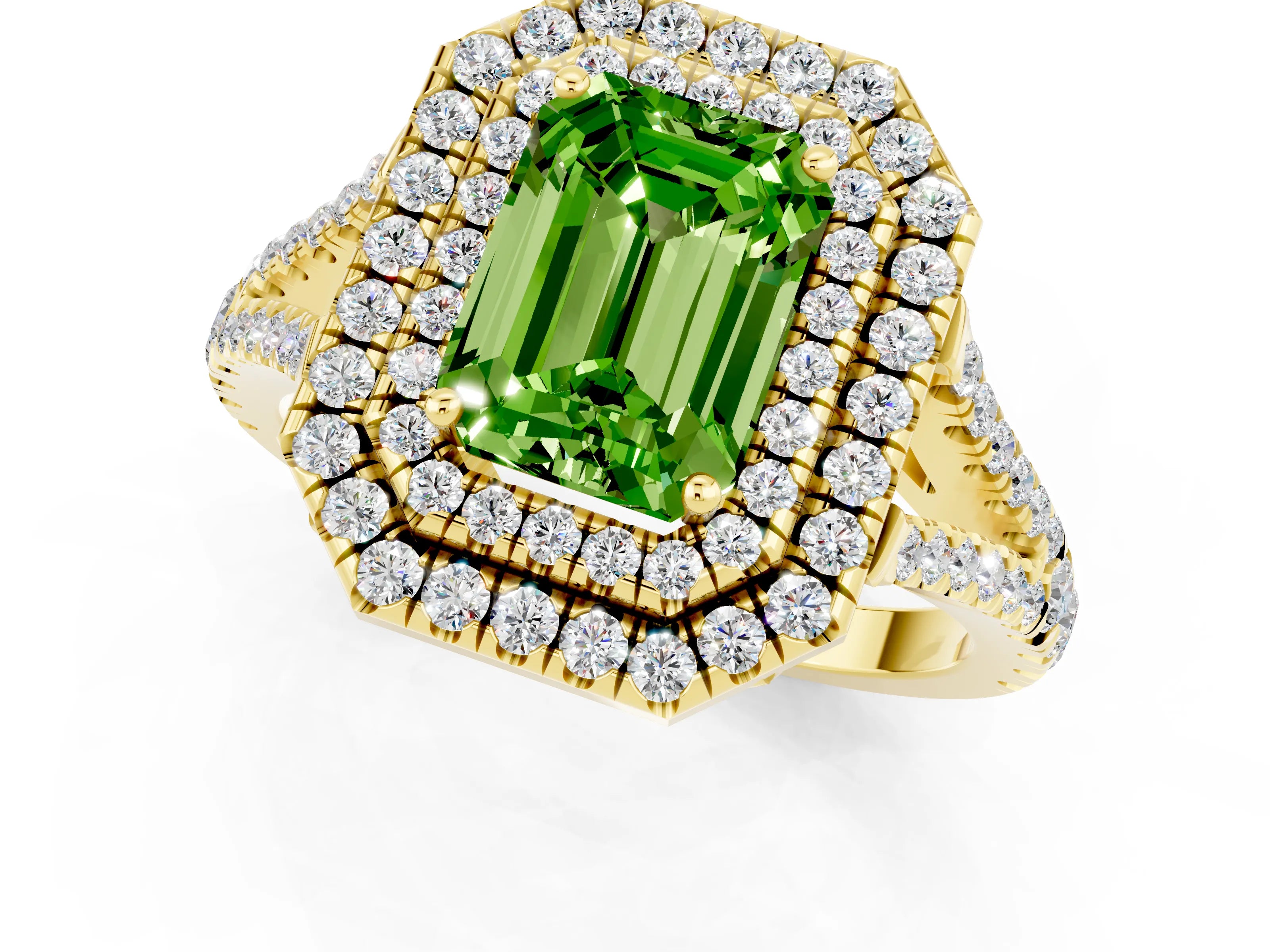Yellow gold Emerald Cut Peridot Double Halo Ring with Pavé Band and Prong Setting_13