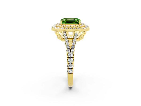 Yellow gold Emerald Cut Peridot Double Halo Ring with Pavé Band and Prong Setting
