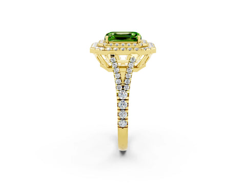 Yellow gold Emerald Cut Peridot Double Halo Ring with Pavé Band and Prong Setting_14