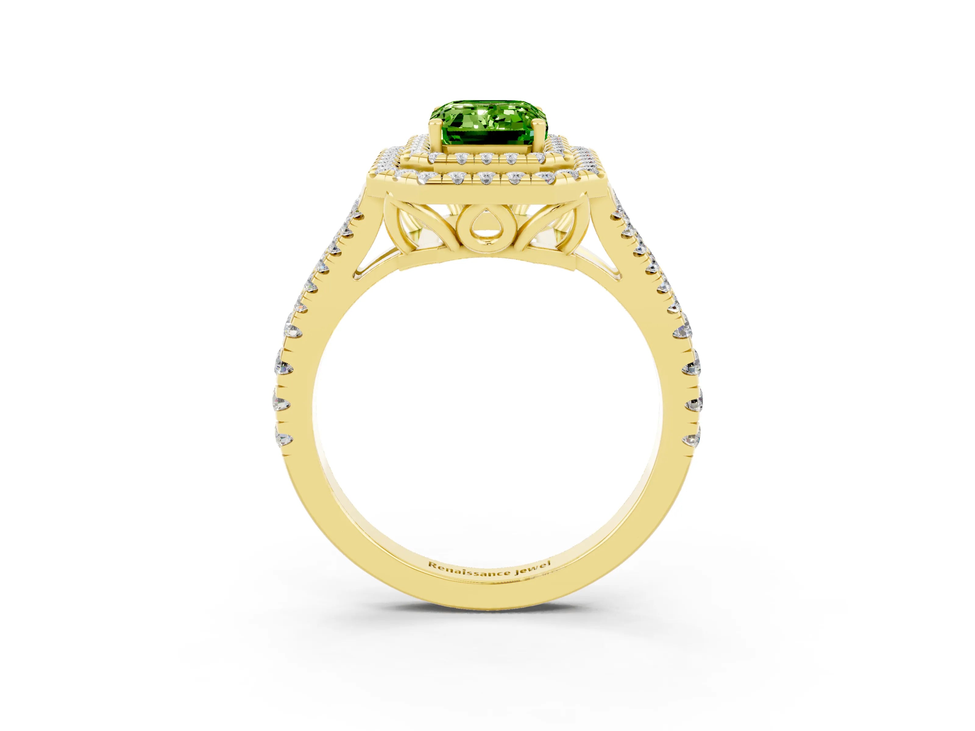 Yellow gold Emerald Cut Peridot Double Halo Ring with Pavé Band and Prong Setting_15