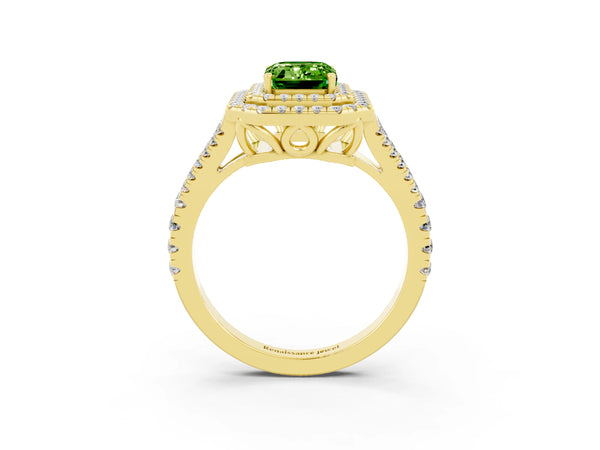 Yellow gold Emerald Cut Peridot Double Halo Ring with Pavé Band and Prong Setting