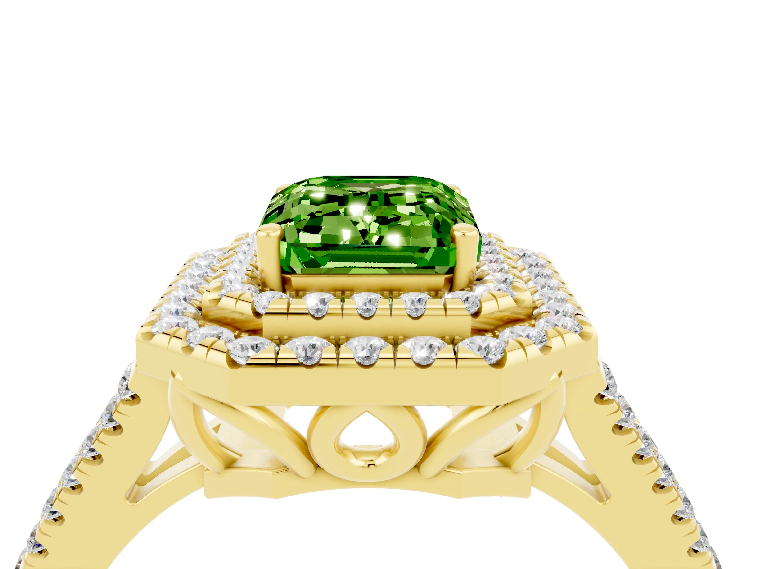 Yellow gold Emerald Cut Peridot Double Halo Ring with Pavé Band and Prong Setting_16