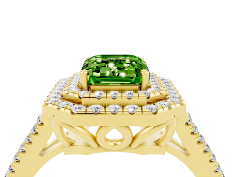 Yellow gold Emerald Cut Peridot Double Halo Ring with Pavé Band and Prong Setting_16