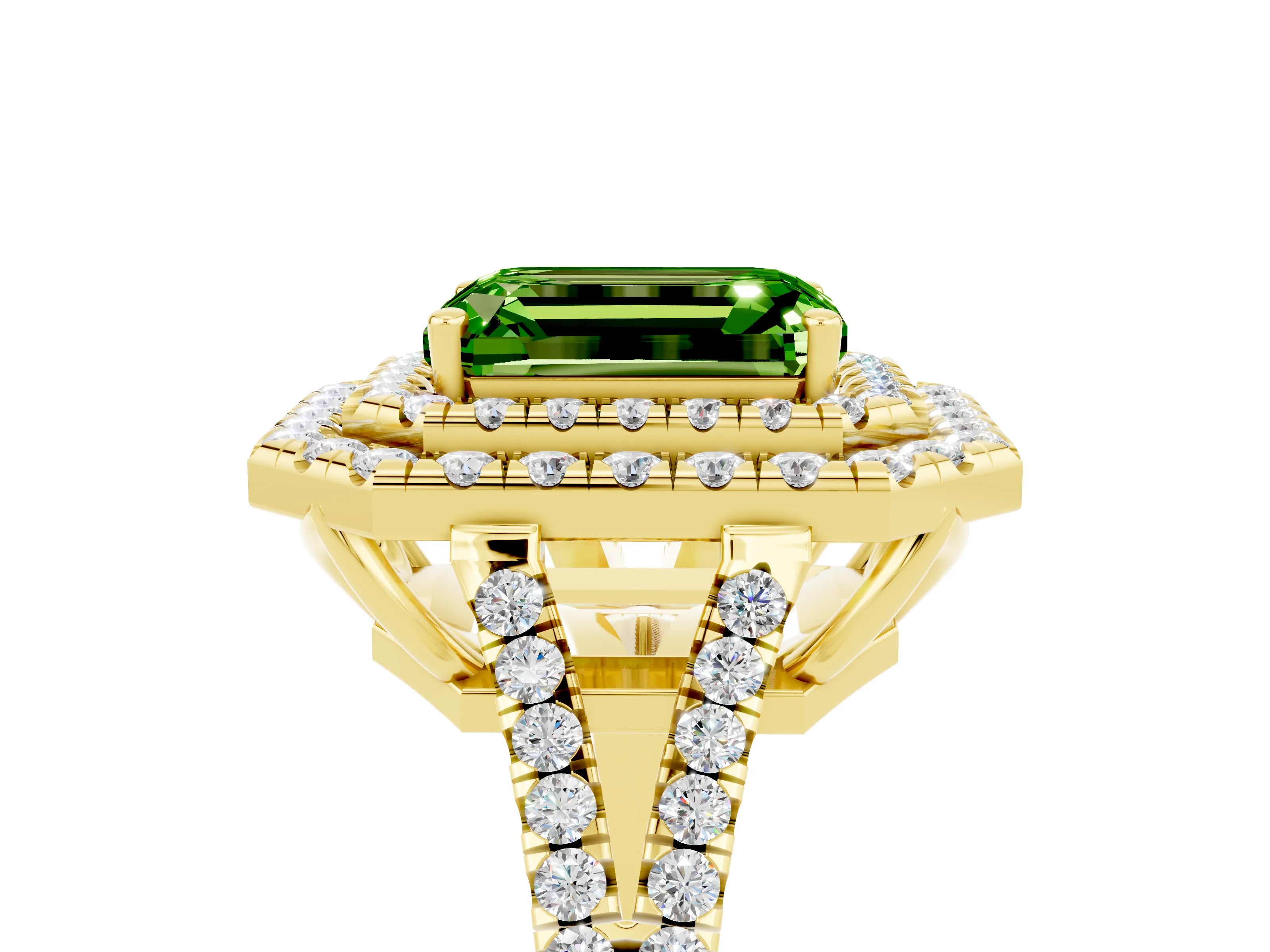 Yellow gold Emerald Cut Peridot Double Halo Ring with Pavé Band and Prong Setting_17