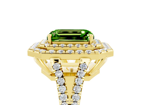 Yellow gold Emerald Cut Peridot Double Halo Ring with Pavé Band and Prong Setting_17