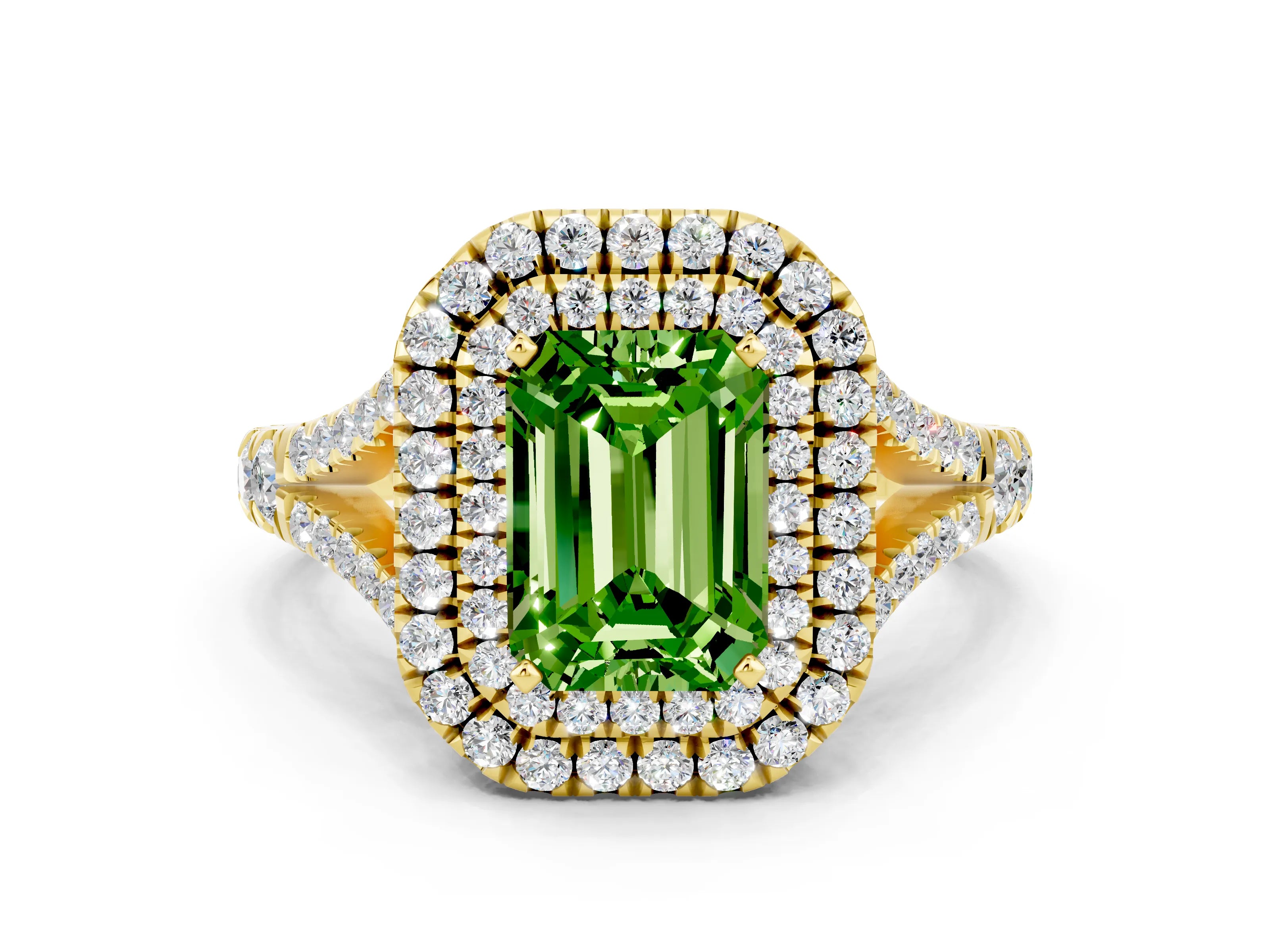 Yellow gold Emerald Cut Peridot Double Halo Ring with Split Shank and Prong Setting_12