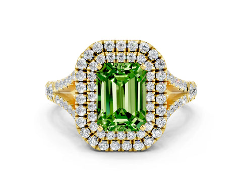Yellow gold Emerald Cut Peridot Double Halo Ring with Split Shank and Prong Setting_12