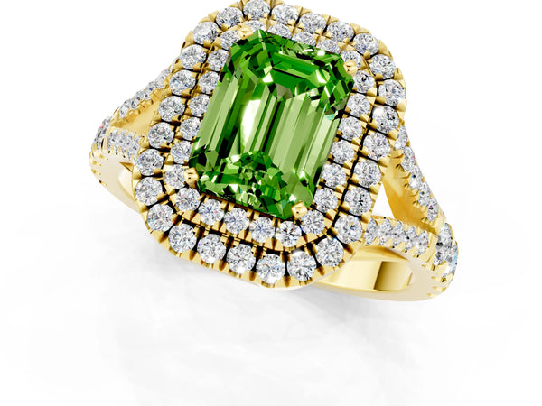 Yellow gold Emerald Cut Peridot Double Halo Ring with Split Shank and Prong Setting