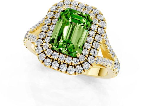 Yellow gold Emerald Cut Peridot Double Halo Ring with Split Shank and Prong Setting_13
