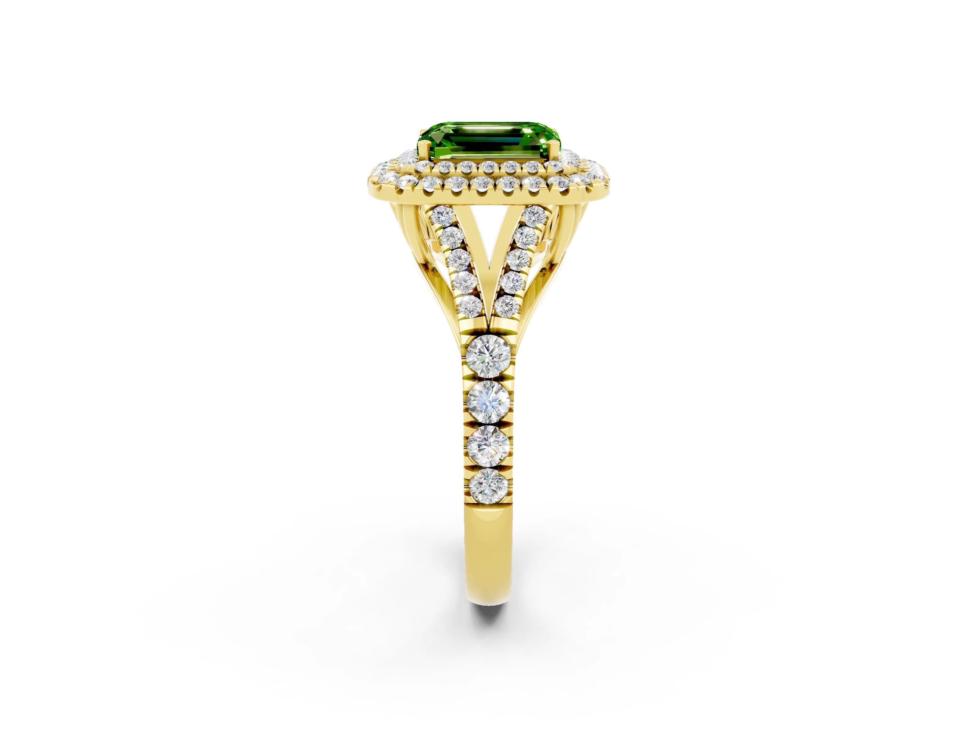 Yellow gold Emerald Cut Peridot Double Halo Ring with Split Shank and Prong Setting_14