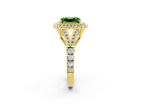 Yellow gold Emerald Cut Peridot Double Halo Ring with Split Shank and Prong Setting_14