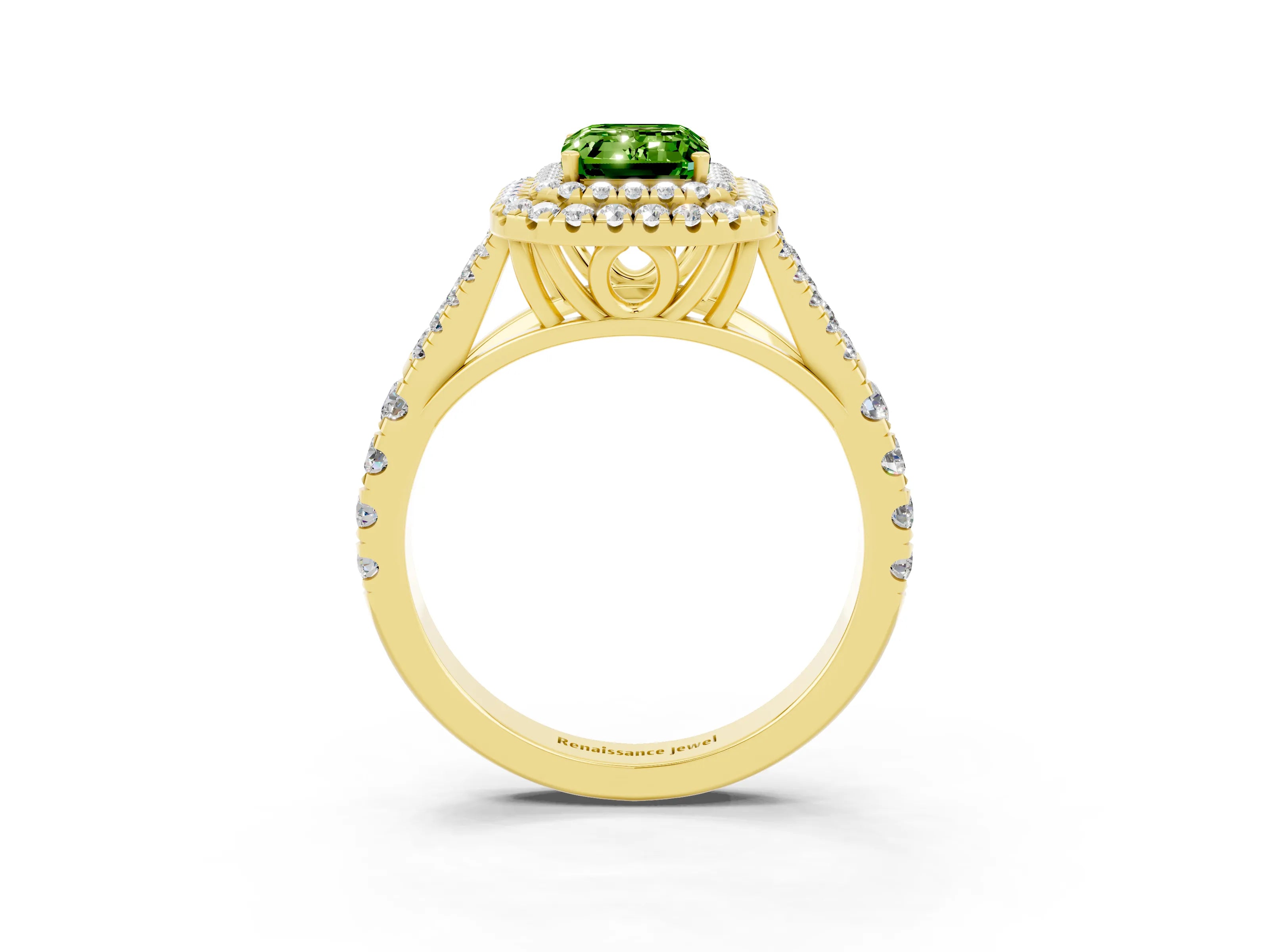 Yellow gold Emerald Cut Peridot Double Halo Ring with Split Shank and Prong Setting_15