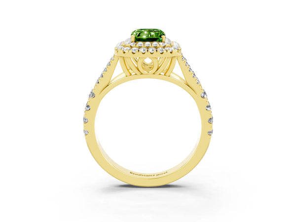 Yellow gold Emerald Cut Peridot Double Halo Ring with Split Shank and Prong Setting