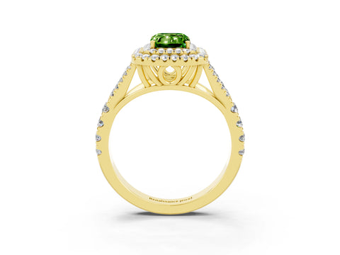 Yellow gold Emerald Cut Peridot Double Halo Ring with Split Shank and Prong Setting_15