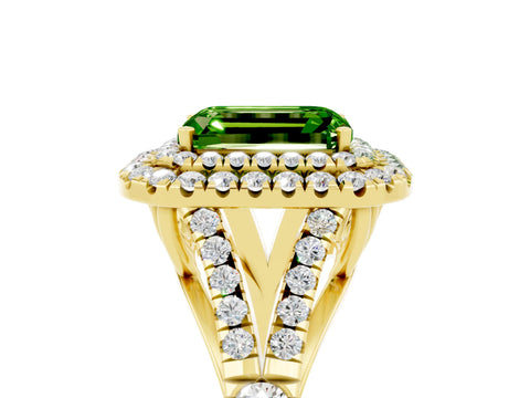 Yellow gold Emerald Cut Peridot Double Halo Ring with Split Shank and Prong Setting_17