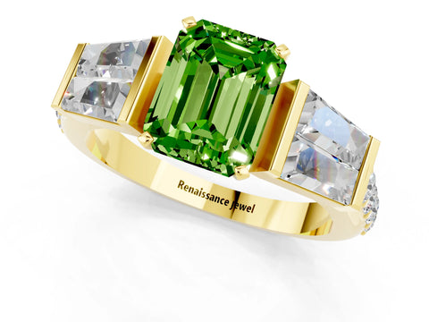 Yellow gold Emerald Cut Peridot Engagement Ring with Baguette Side Stones and Channel Set Band_1