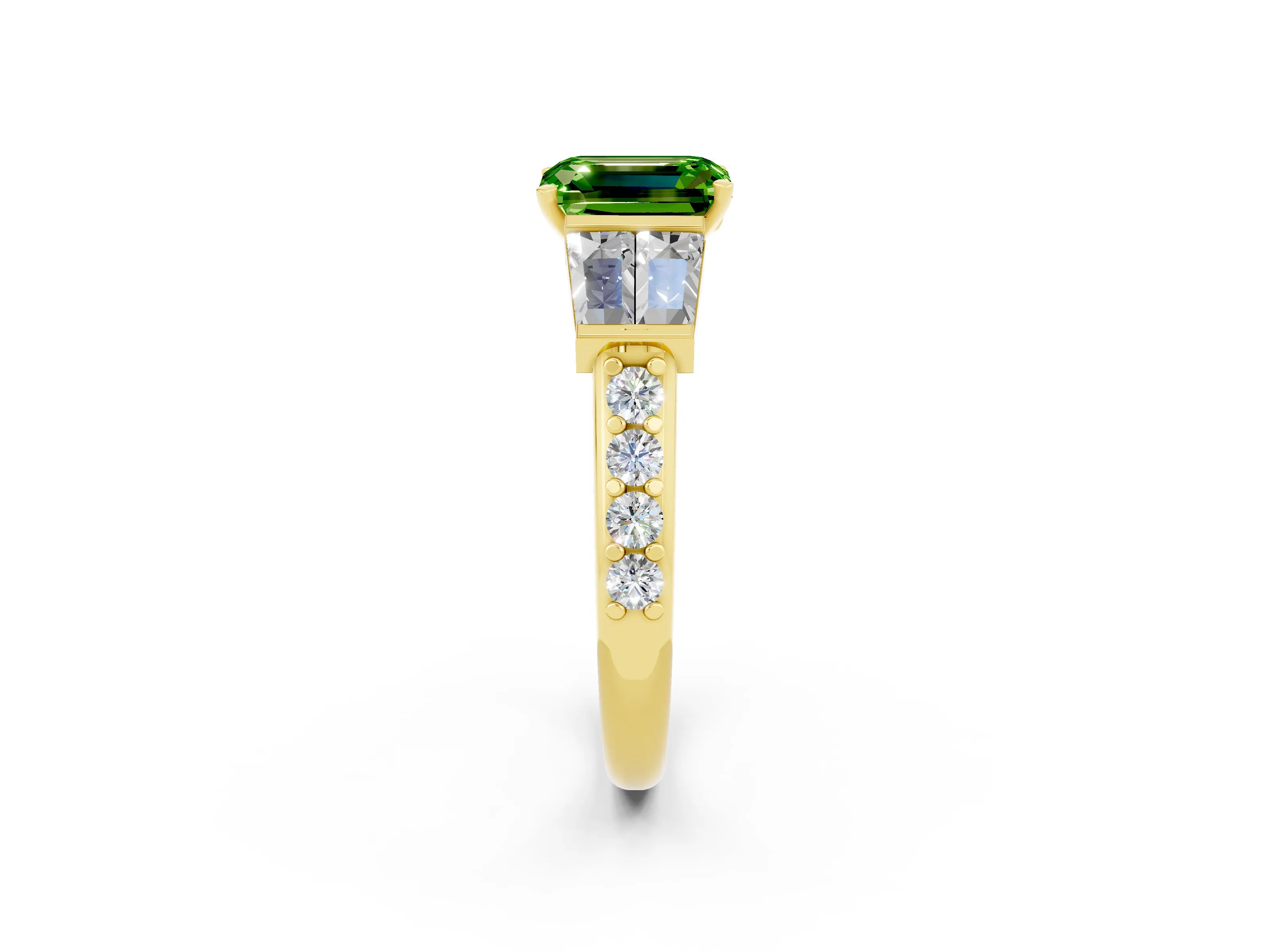 Yellow gold Emerald Cut Peridot Engagement Ring with Baguette Side Stones and Channel Set Band_2