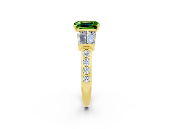 Yellow gold Emerald Cut Peridot Engagement Ring with Baguette Side Stones and Channel Set Band