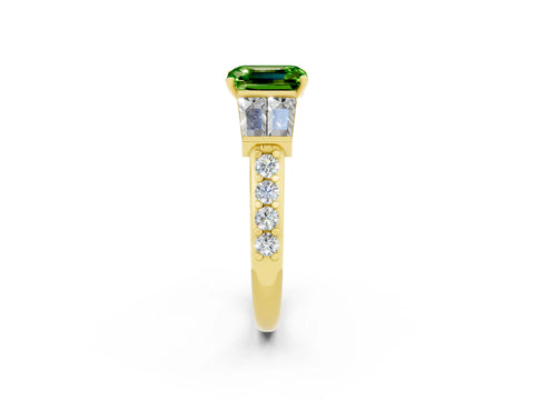 Yellow gold Emerald Cut Peridot Engagement Ring with Baguette Side Stones and Channel Set Band_2